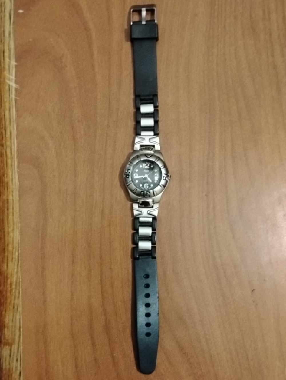 Sporty Two-Tone Stainless Steel and Black Strap Watch